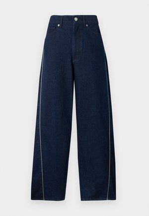 Dark blue wide-leg jeans with high waist, front button and zipper, front pockets, and light-colored side seam detailing.