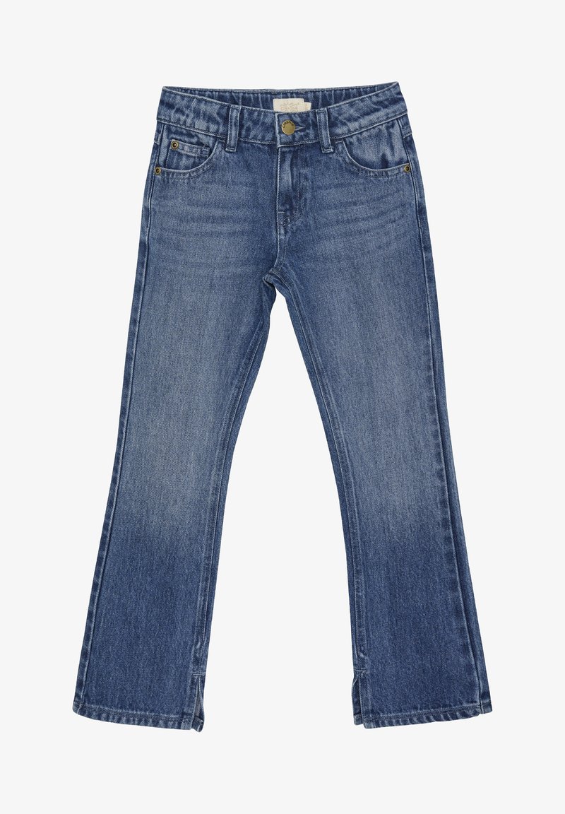 Jean en denim bleu évasé avec une finition délavée, cinq poches, fermeture à bouton et couture contrastante aux coutures.
