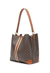 Bruine tote bag met een patroon en een gestructureerde afwerking, met een tan strap, gouden hardware en een witte accentstrip.