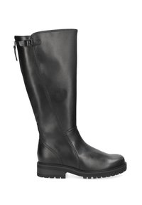 Bottines noires en cuir jusqu'au genou avec une finition lisse, fermeture éclair sur le côté et semelle en caoutchouc texturée pour une meilleure adhérence. Accentuées par une petite boucle.