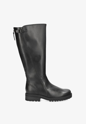 Bottines noires en cuir jusqu'au genou avec une finition lisse, fermeture éclair sur le côté et semelle en caoutchouc texturée pour une meilleure adhérence. Accentuées par une petite boucle.