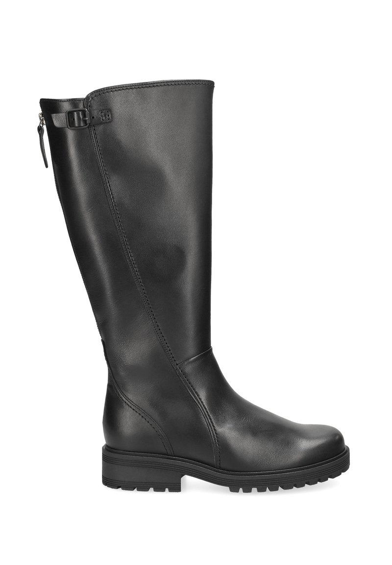 Bottines noires en cuir jusqu'au genou avec une finition lisse, fermeture éclair sur le côté et semelle en caoutchouc texturée pour une meilleure adhérence. Accentuées par une petite boucle.