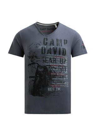 Dark grey cotton t-shirt featuring a V-neck, large printed text and graphics, with accent colors in red and white, and a motorcycle illustration.