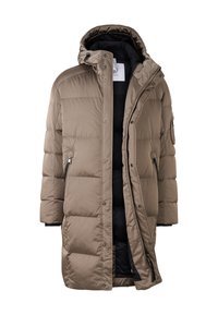 Beige pufferjack met capuchon, uitgerust met een ritsluiting, drukknoopjes en zijzakken. Inclusief zwarte interieurvoering en ribbelmanchetten.