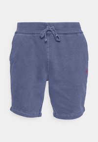 Námořnické modré bavlněné šortky s nastavitelným stahovacím pasem, bočními kapsami a ohrnutými nohavicemi. Obsahují malé červené vyšívané logo vpředu.