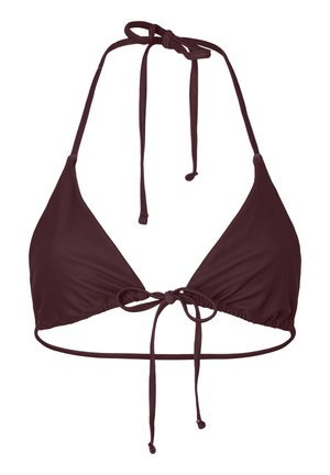 Top de bikini triangular marrón oscuro con cuello halter ajustable y tiras para anudar en la parte delantera, hecho de tela suave.