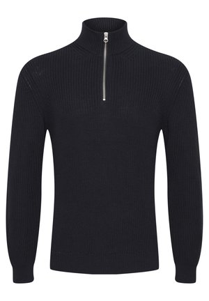 Pulover negru din tricot, cu guler înalt și fermoar pe față. Are o textură ribbed și mâneci lungi. Design simplu, fără modele.