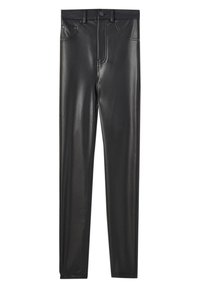 Černé skinny kalhoty z umělé kůže s knoflíkovým a zipovým zapínáním, předními a zadními kapsami a poutky na opasek.