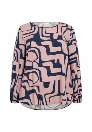 Langärmliges Oberteil in Pink und Marineblau mit geometrischem Muster. Leichter Stoff mit rundem Ausschnitt und abgerundetem Saum.
