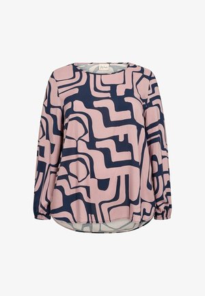Long-sleeve top in pink and navy, featuring a geometric pattern. Lightweight fabric with a rounded neckline and curved hem.