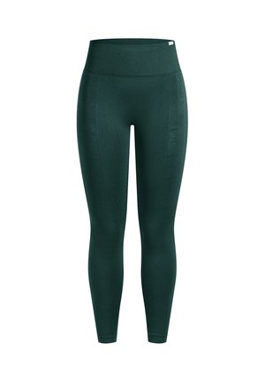 Mørkegrønne leggings med høj talje. Fremstillet af et glat, elastisk stof med diskrete detaljer på sidesømmene. Ingen synlige metaldele.