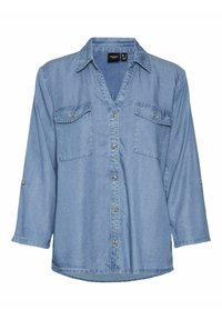 Camicia di jeans azzurro chiaro con scollatura a V, maniche lunghe, due tasche frontali e dettagli con bottoni argentati. Tessuto morbido con una vestibilità rilassata.