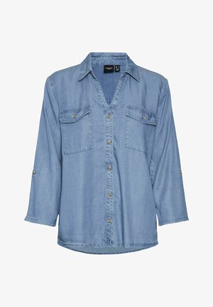 Heledad sinine denimsärk V-kaelusega, pikkade varrukate ja kahte esikotti ning hõbedaste nööpide aktsentidega. Pehme tekstuur ja vabalt liikuv lõige.