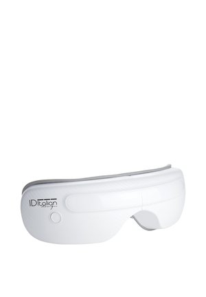 Masseur pour les yeux blanc avec un bandeau élastique et un bouton de contrôle, conçu pour la relaxation et le soulagement du stress.
