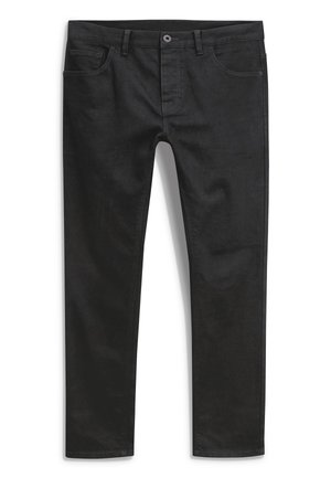 Černé džíny s slim fit, pěti kapsami, zapínáním na knoflík a zip, a jemnými švy na švech.