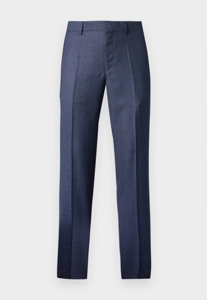 Pantaloni eleganti da uomo in blu navy, realizzati in un tessuto strutturato, con vestibilità su misura, frontale piatto e due pieghe nette lungo le gambe.