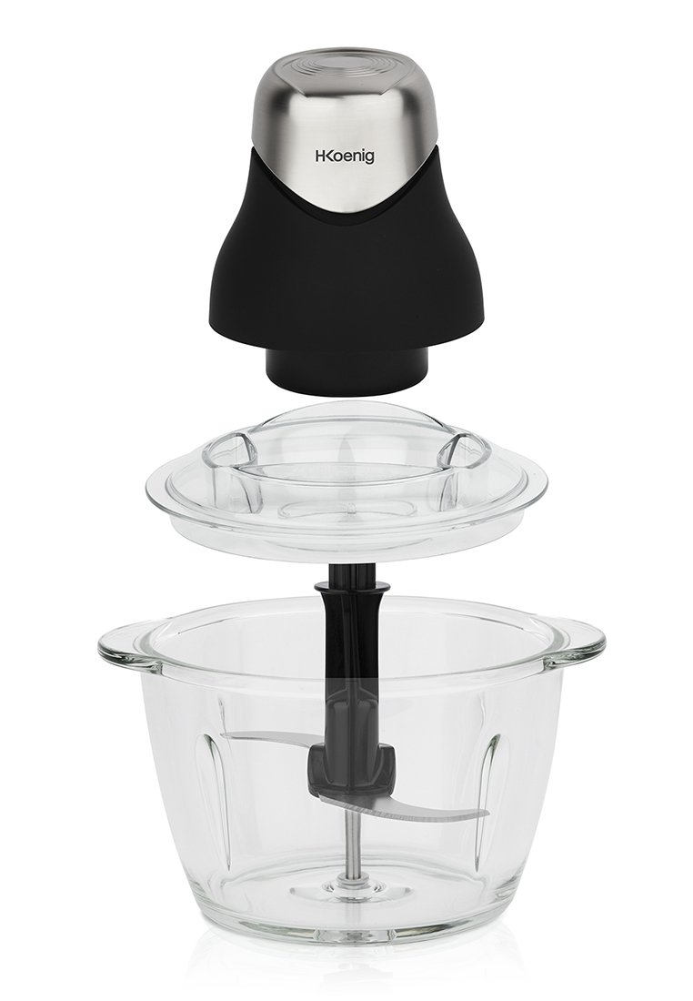 Robot culinaire H.Koenig avec un dessus en acier inoxydable, une base en plastique noir, un bol en verre transparent et une pale de mélange en plastique noir.