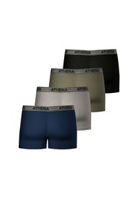 Quatre paires de boxers pour hommes en bleu marine, gris, olive et noir. Chacun a une ceinture grise avec "ATHENA" imprimé. Tissu lisse.