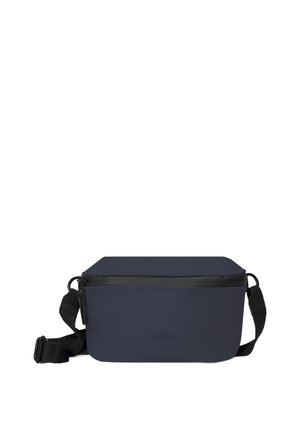 Navy blue rectangular crossbody bag with black adjustable strap and zipper closure across the top.