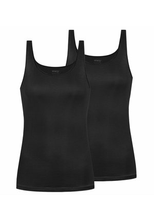 Zwei schlichte schwarze ärmellose Tanktops mit Rundhalsausschnitt nebeneinander auf weißem Hintergrund.