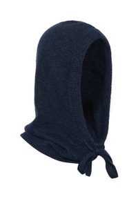 Námornícky modrý pletený kukla s rebrovanými okrajmi a dvoma viazanými šnúrkami na prednej dolnej časti.