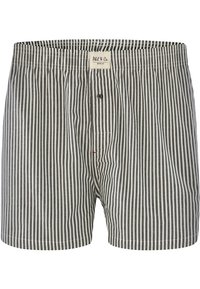 Mannenboxers in een lichtgrijs en wit gestreept patroon, gemaakt van stof met een zachte textuur; voorzien van een knoopgulp en een merkgebonden tailleband.