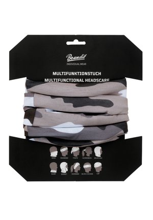 Multifunktionales Kopfband im Camouflage-Muster mit Grautönen und Weiß. Verpackt auf einer schwarzen Karte mit Nutzungshinweisen.