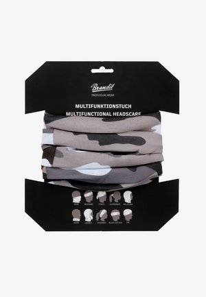 Bufanda multifuncional con un patrón de camuflaje que presenta tonos de gris y blanco. Empaquetada en una tarjeta negra con ilustraciones de uso.