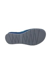 Suola di scarpa in gomma grigia con una superficie strutturata, caratterizzata da un motivo a zigzag e un marchio. Parte superiore realizzata in materiale tessile blu.