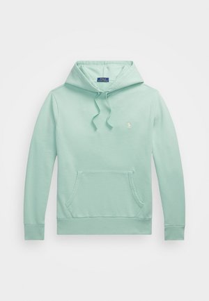 Sudadera verde menta con bolsillo tipo canguro, cordones y un logo en el pecho. Fabricada con una tela suave y texturizada, con puños acanalados.