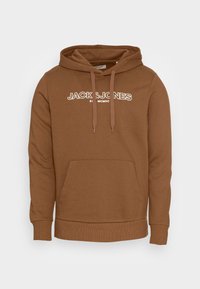 Brown hoodie made of cotton blend, featuring a front pocket, ribbed cuffs and hem, with white "JACK & JONES" logo across the chest.