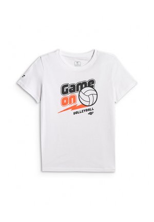 Biała koszulka z krótkim rękawem z napisem "Game on", grafiką siatkówki i słowem "Volleyball" w czarnych i pomarańczowych literach.