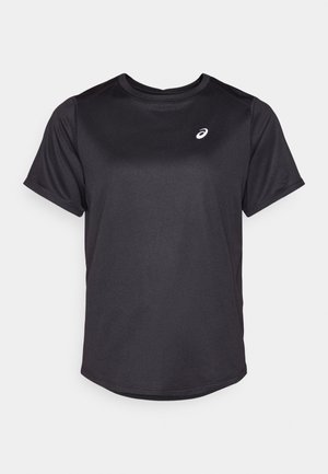 Zwarte sportieve T-shirt gemaakt van glad, vochtregulerend materiaal. Heeft een ronde hals en korte mouwen. Logo in het wit op de linkerborst.