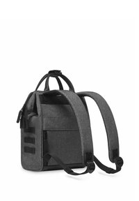 Gray fabric backpack with adjustable straps, a top handle, zipper closures, and side webbing accents for added storage and style.