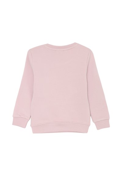 Felpa a maniche lunghe rosa chiaro con collo tondo, con polsini e orlo a costine, mostrata distesa con il retro in evidenza.