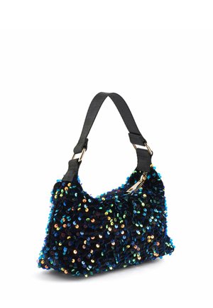 Schwarze Handtasche, bedeckt mit irisierenden Pailletten, mit kurzem schwarzem Stoffriemen und Reißverschluss mit goldfarbener Hardware.