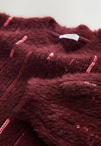 Bordeaux gebreide trui met een fuzzy textuur, voorzien van verticale lijnen van roze pailletten. Het label zegt "NEXT." Zacht ogende stof.