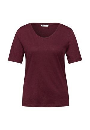 T-shirt pour femme à manches courtes et col rond, de couleur bordeaux foncé uni, en tissu léger, style décontracté.