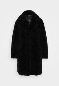 Cappotto in pelliccia sintetica nera con colletto a punta, maniche lunghe e una finitura morbida e testurizzata. Presenta un rivestimento interno con motivo. Taglio classico.