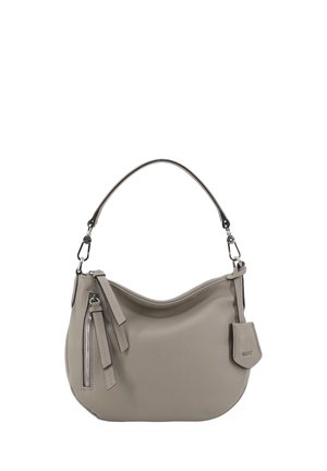 Gray leather shoulder bag with curved shape, front zipper pocket, double zipper pulls, and detachable handle with metal clasps.