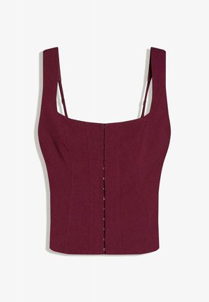 Brezrokavnik bordo top v stilu korzeta s kvadratnim izrezom, nastavljivimi tankimi naramnicami in sprednjimi zapenjalci na kljukice.