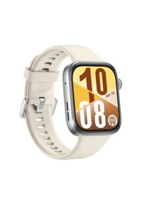 Smartwatch with a square display, silver frame, and cream silicone strap. Screen shows time and date in bold brown and yellow colors.