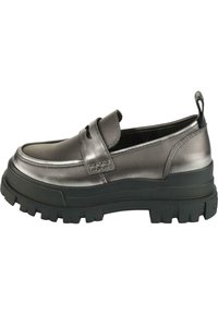 Metallic gray slip-on shoes with a chunky black rubber sole, featuring a slight heel and a front strap design for added detail.