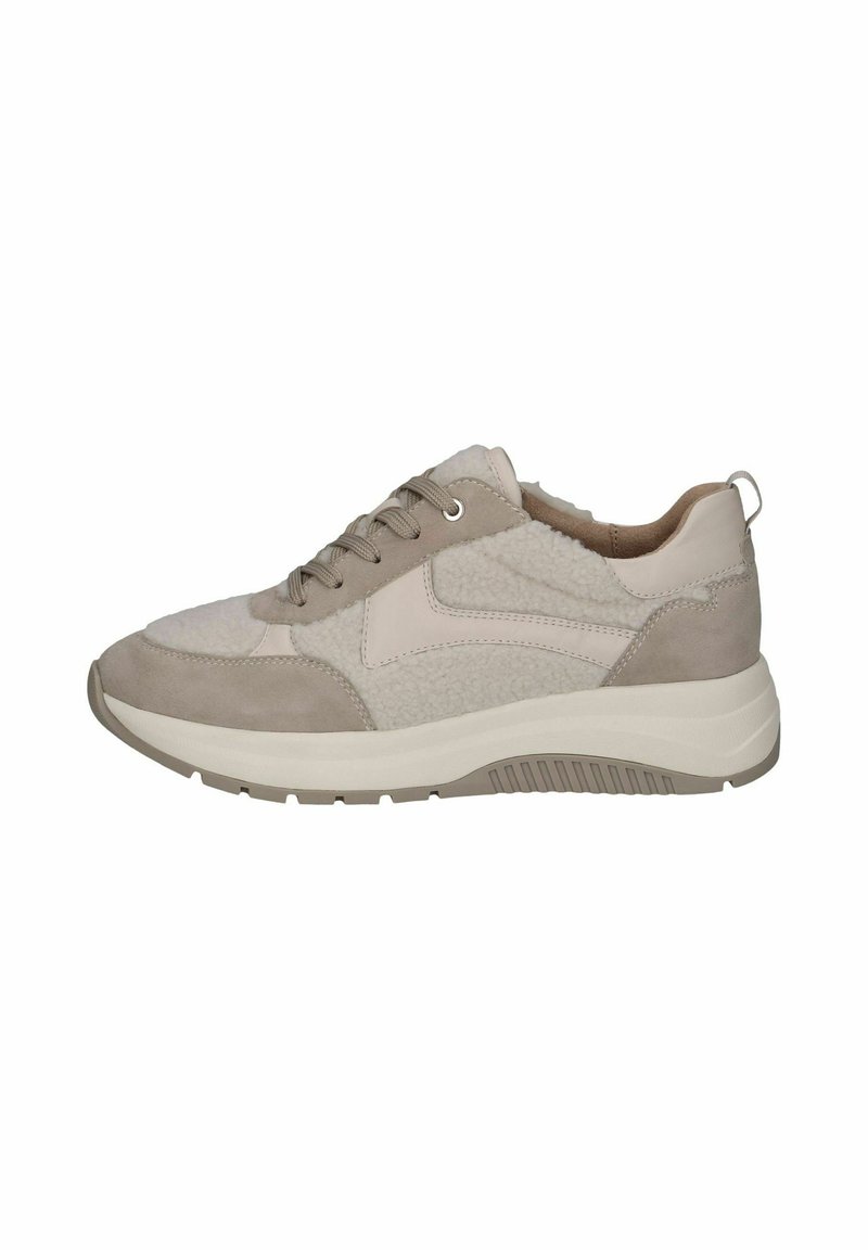 Beige spordijalats, millel on struktureeritud kangast pealmine osa ja nahkaktsendid. Kerge tald, millel on peen muster ja aasaga kandmine.