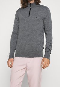 Grau langärmliger Pullover mit einem halben Reißverschlusskragen, gerippten Bündchen und Saum. Mit einem dezenten Logo auf der Brust und glatter Stofftextur.