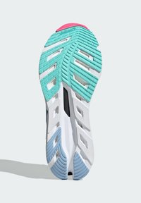 Sole della scarpa con un design multicolore che include sezioni turchesi, bianche e rosa; gomma testurizzata per migliore aderenza; motivo di battistrada distintivo.
