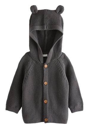 Ciemnoszary, dziergany sweterek dziecięcy z kapturem z uszkami niedźwiedzia i czterema drewnianymi guzikami z przodu.
