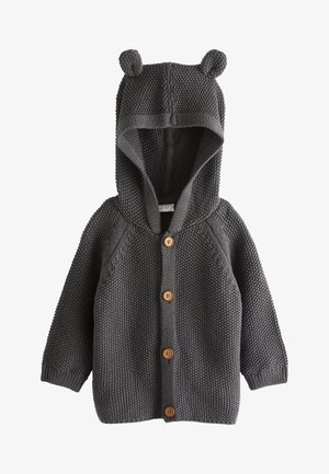 Cárdigan de bebé oscuro gris tejido con capucha que presenta orejas de oso y cuatro botones de madera en la parte delantera.