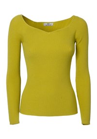 Rippstrickpullover mit langen Ärmeln in leuchtendem Gelb. Verfügt über einen weiten, schulterfreien Ausschnitt und eine taillierte Silhouette, hergestellt aus dehnbarem Material.