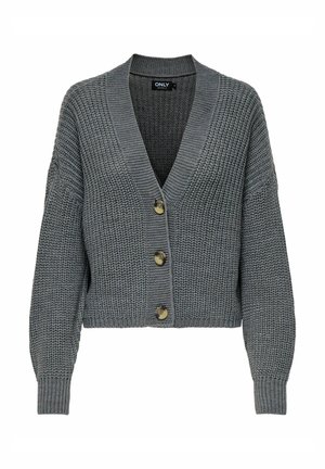 Cardigan gris de punto con escote en V, mangas largas, cuatro botones grandes en el frente y detalles de canalé en los puños y el dobladillo.